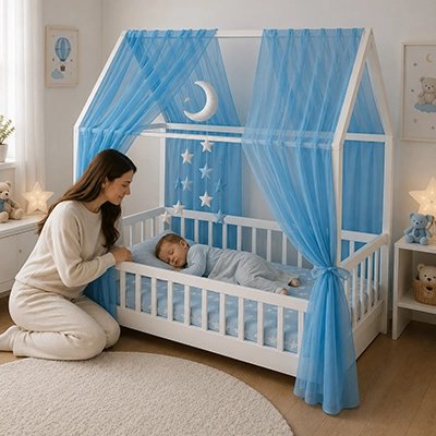 Maman regarde son fils dormir dans son lit avec le ciel de lit enfant bleu