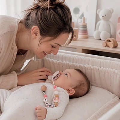 Maman regarde tendrement sa fille avec son attache sucette