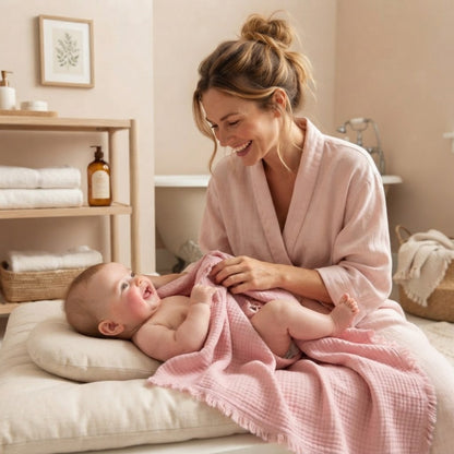 Maman sèche bébé après le bain avec le plaid bebe rose
