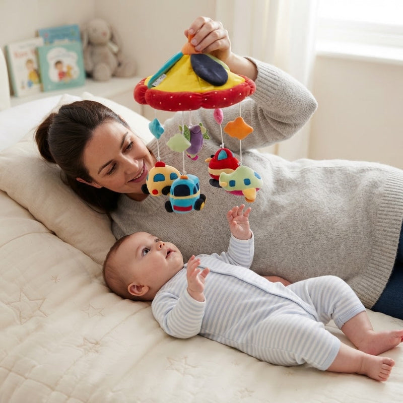 Maman tient le mobile musical bébé au-dessus de bébé qui découvre.