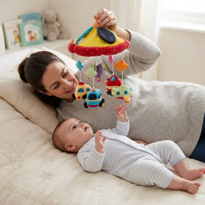 Maman tient le mobile musical bébé au-dessus de bébé qui découvre.