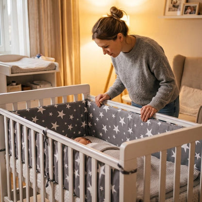 Maman vérifie bébé qui dort avec tour de lit