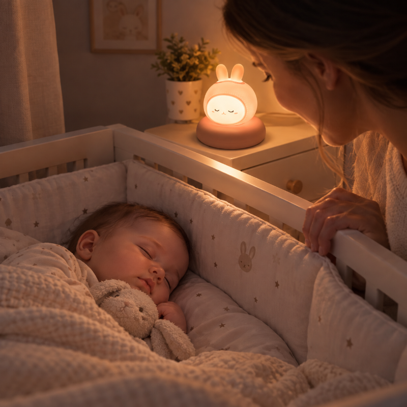 Maman vient vérifier bébé qui dort avec lapin veilleuse sur bureau