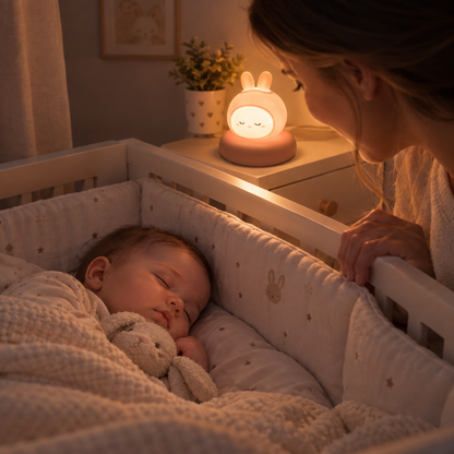 Maman vient vérifier bébé qui dort avec lapin veilleuse sur bureau