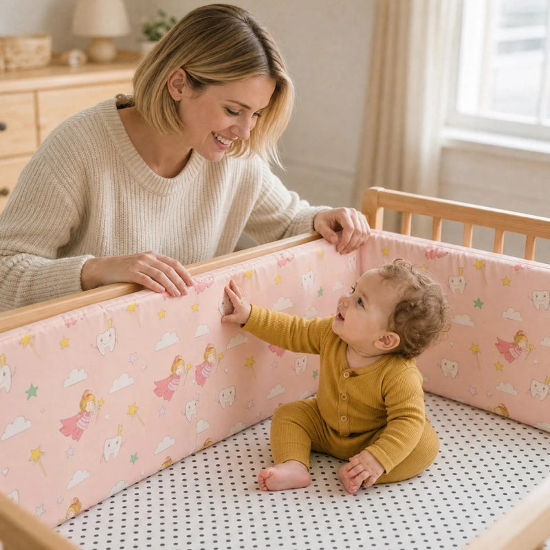maman qui vient chercher bébé dans on berceau avec tour de lit bébé