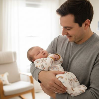 nouveau-né dans les bras Papa dans gigoteuse ete bebe