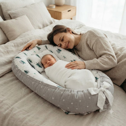 Nouveau-né dans reducteur de lit bebe en cododo maman