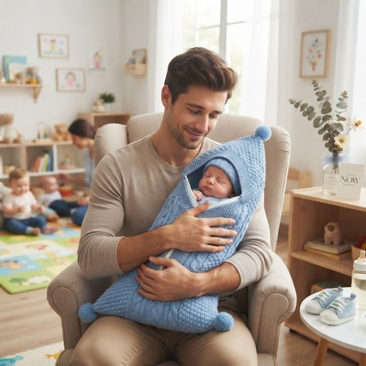 Papa à la garderie avec bébé dans son nid d Ange cosy bleu