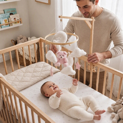 Papa installe le mobile bebe ourson rose