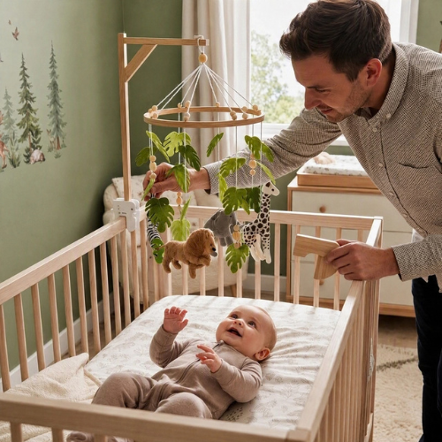 Papa installe le mobile pour bébé jungle