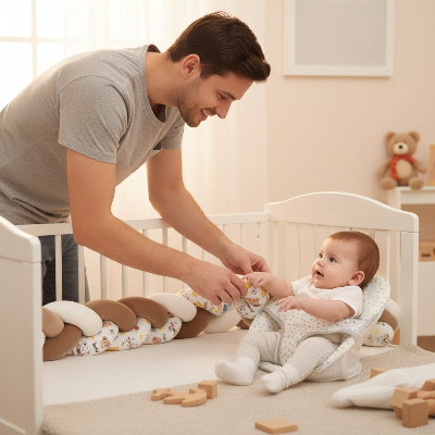 Papa installe la tresse de lit bebe berceau cododo avec bébé