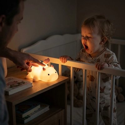 Papa montre à bébé surpris comment changer la couleur de sa veilleuse