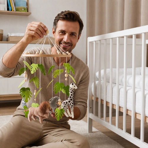 Papa nous montre le mobile pour bébé jungle