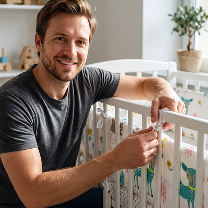 Papa qui fixe le tour de lit bébé dans le berceau