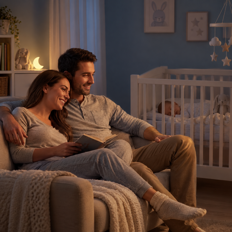 parents qui relaxent pendant que bébé dort grâce à veilleuse murale bebe