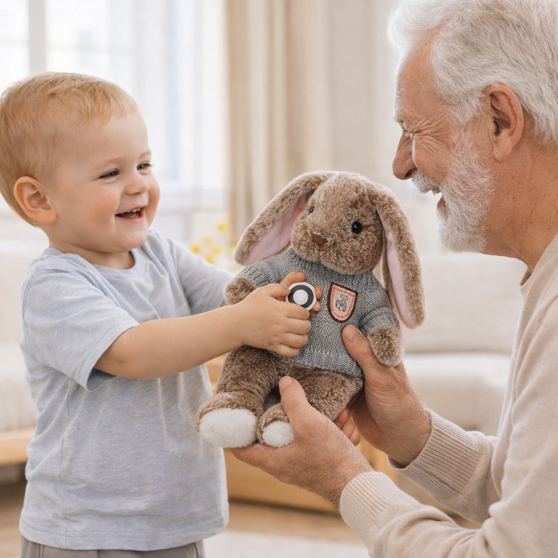 bébé donne peluche lapin grand papa