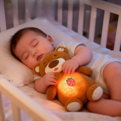 peluche qui respire ours brun avec bébé dort