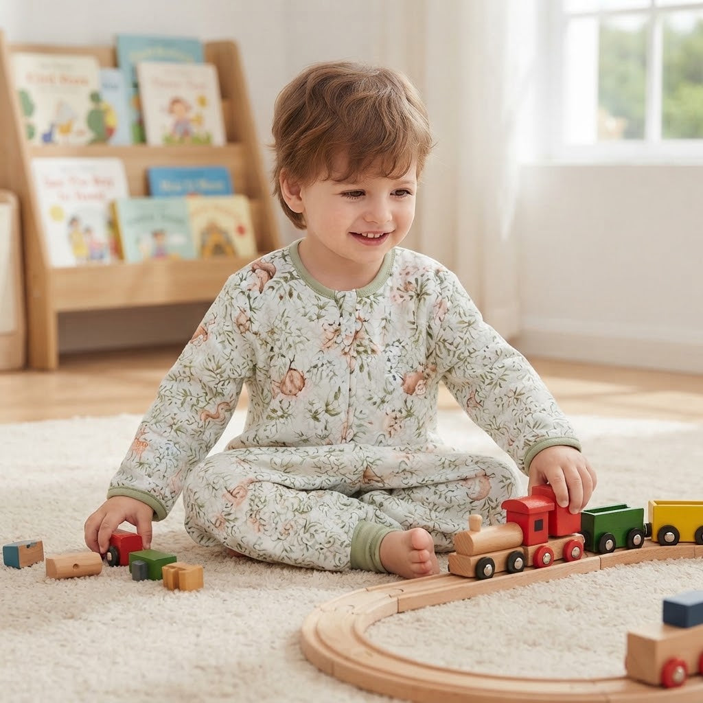 Petit garçon qui joue avec son train dans sa gigoteuse