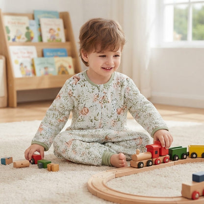 Petit garçon qui joue avec son train dans sa gigoteuse