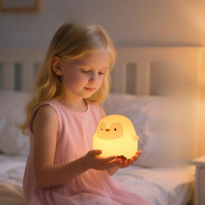 petite fille avec son rituel pour dormir avec veilleuse LED