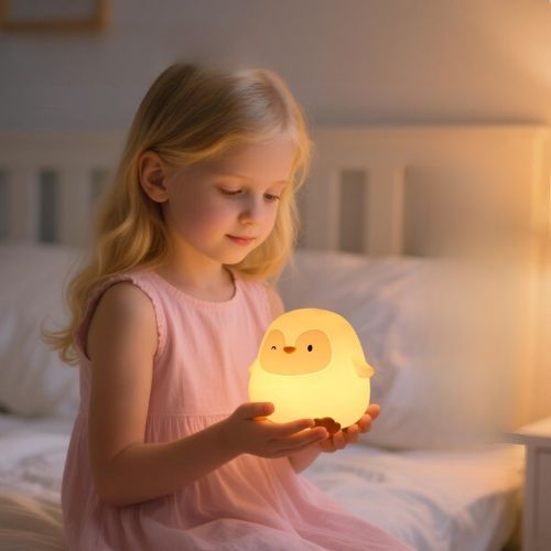 petite fille avec son rituel pour dormir avec veilleuse LED