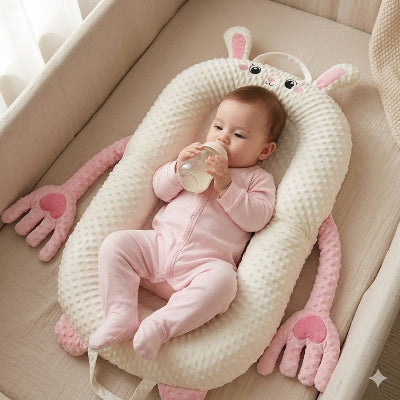 petite fille dans son berceau dans son cocon bébé qui boit biberon