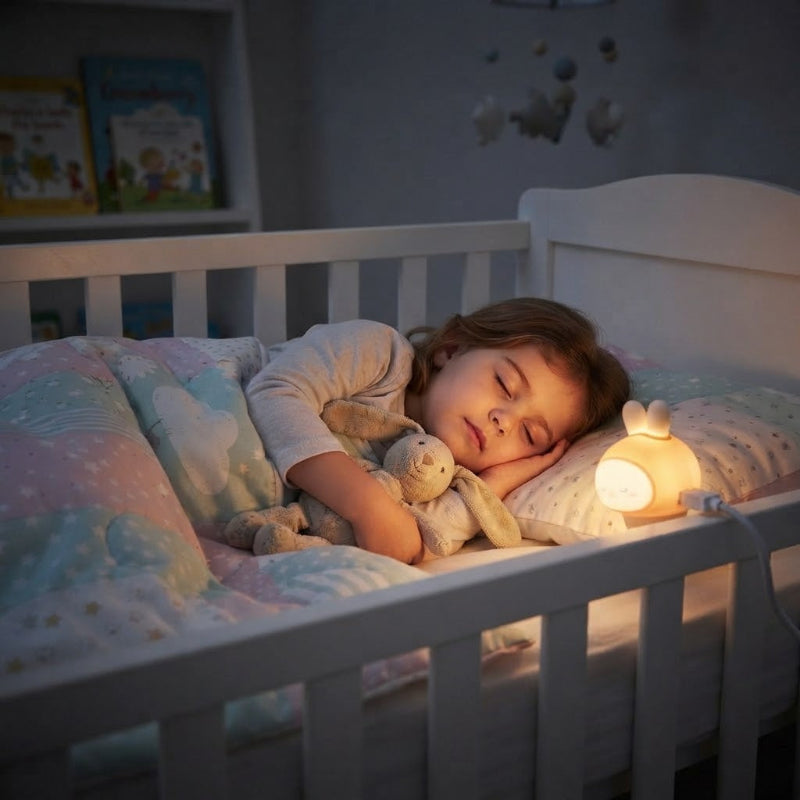 Petite fille dort apaisée avec sa poupée et lapin veilleuse