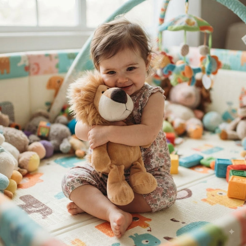 Petite fille fait calin peluche lion