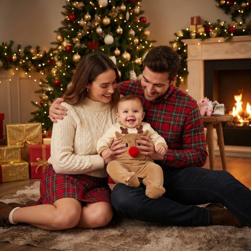Photo de famille avec maman-papa-bébé dans son pyjama noel pour bebe