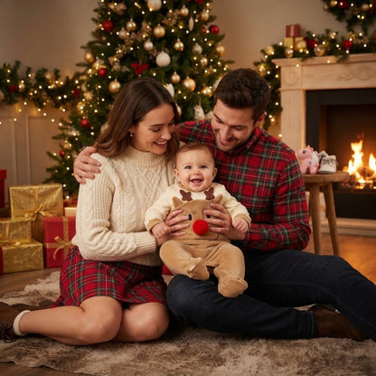 Photo de famille avec maman-papa-bébé dans son pyjama noel pour bebe