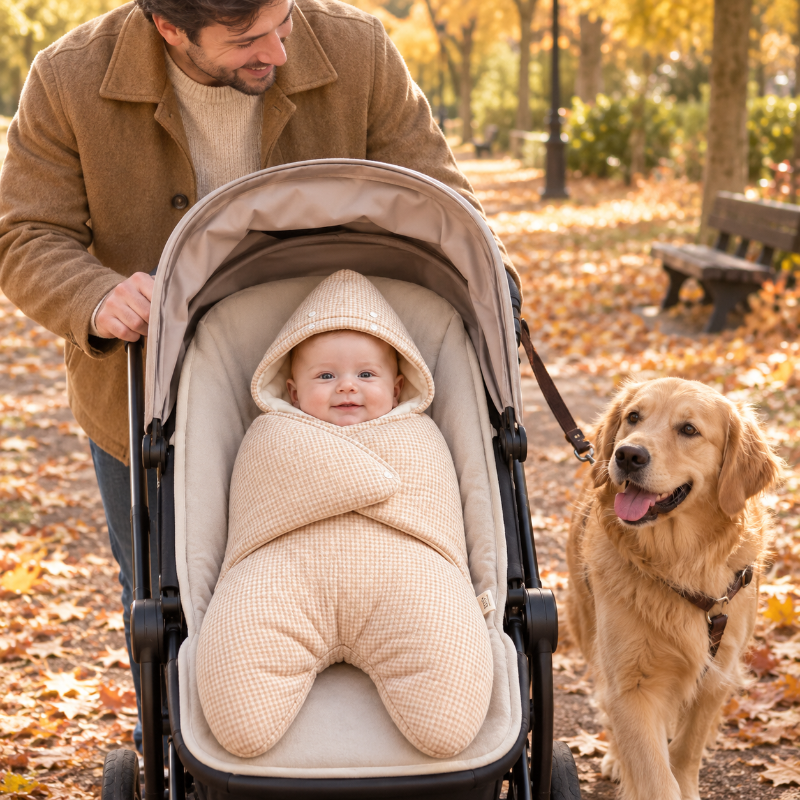 Promenade avec papa et chien en poussette dans nid d Ange bebe