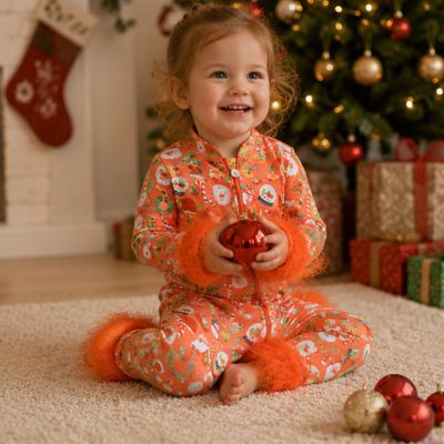 pyjama- noel-enfant-assise-avec-boule -de- noel-rouge