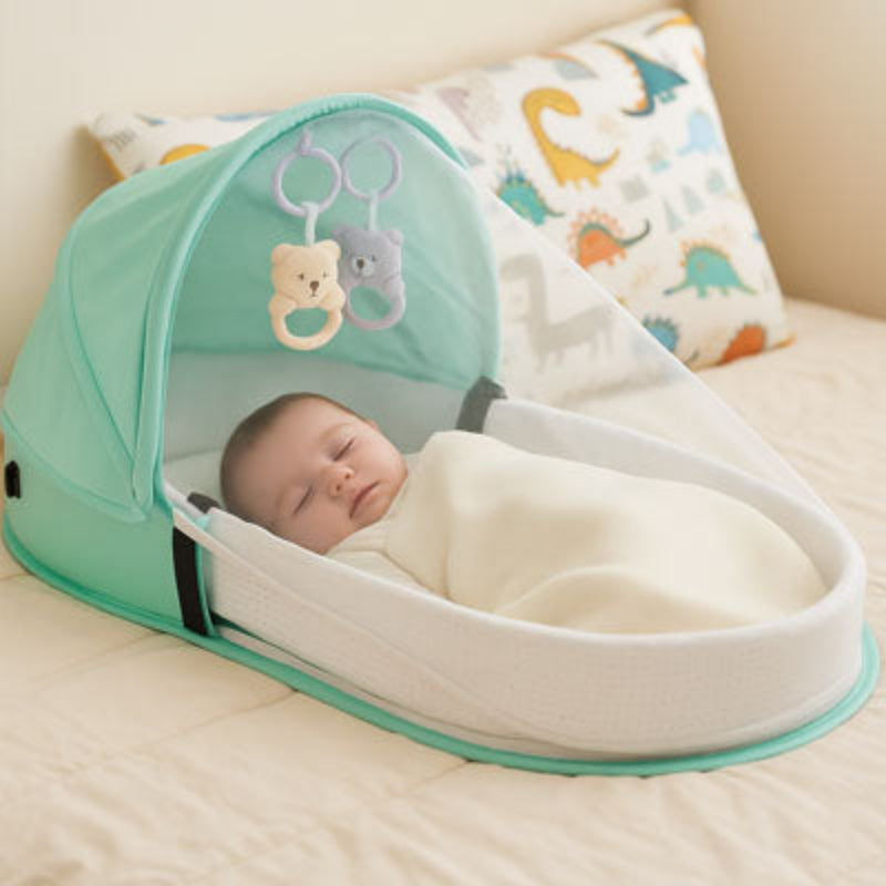 réducteur de lit-bébé vert sur lit-maman avec bébé sieste