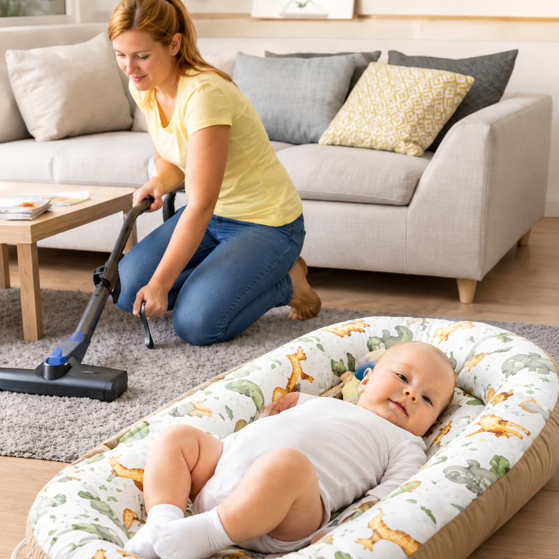 Maman nettoie le salon avec bébé dans son reducteur de lit 6 12-mois