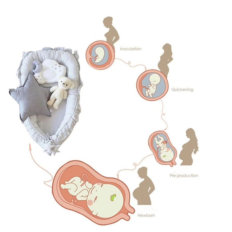 reducteur-de-lit-replie-avec-ourson-et-étoile-en-peluche. Avec-des-images-du-cycle-in-vitro-du-bébé-dans-le-ventre-de-la-mère.