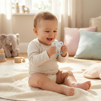 bébé tient sa tetine et rigole