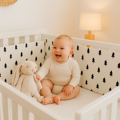 tour-de-lit-bebe-sapin-vert-avec-bébé-peluche