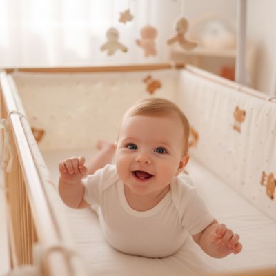 Tour de lit ourson avec bébé à plat ventre souriant