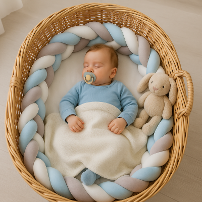 tour-de-lit-tresse-bleu-gris-blanc-autour de bébé qui dort dans panier