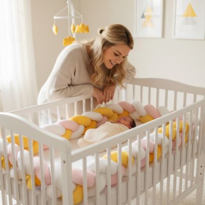 tour de lit tressé jaune maman au dessus berceau bébé