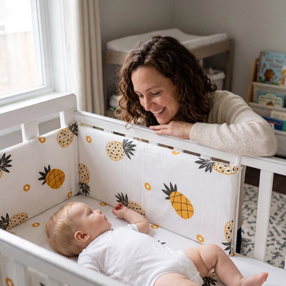 Tour de lit bébé ananas dans berceau avec bébé et maman