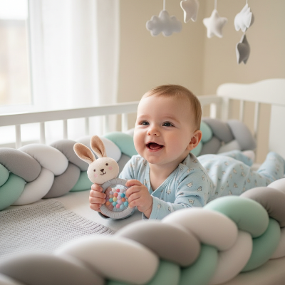 tresse de lit avec bébé tient hochet