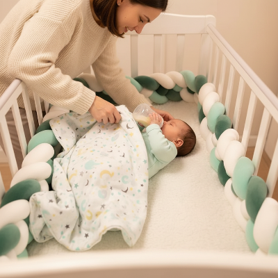tresse de lit avec bébé qui boit biberon avec maman