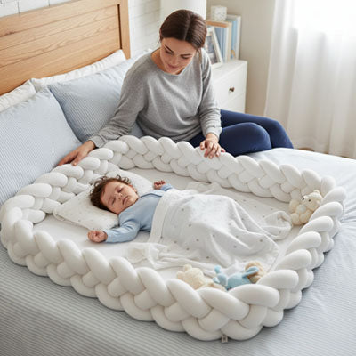 tresse de lit blanc sur lit maman avec bébé qui dort au centre