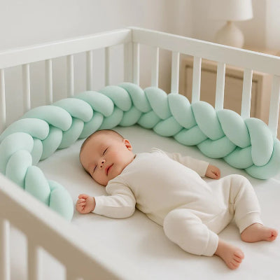 tresse-de-lit-verte-avec bébé qui dort berceau