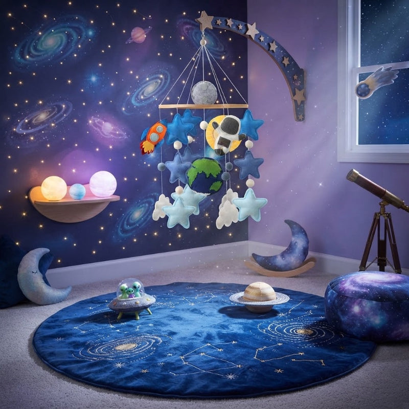 univers magique avec mobile pour lit bebe spatial