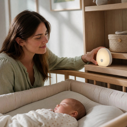 Veilleuse bébé bruit blanc installée par maman à la tête de bébé