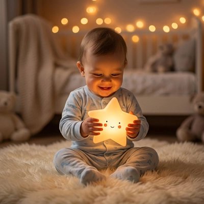 veilleuse etoile bebe dans les petites mains de bébé