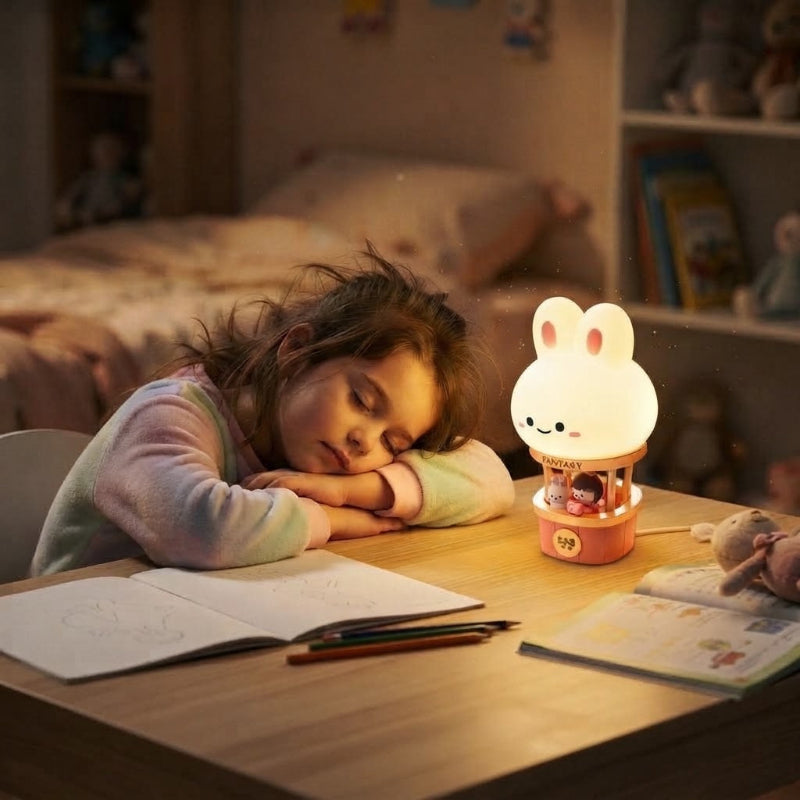veilleuse lapin avec petite fille qui dort sur bureau